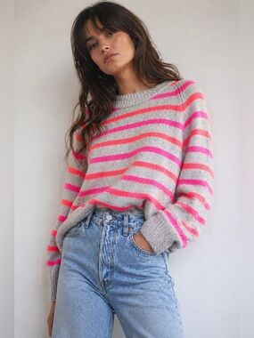 Chinti & Parker 100% Cashmere Striped Sweater – Neon Pink/Orange – Size M